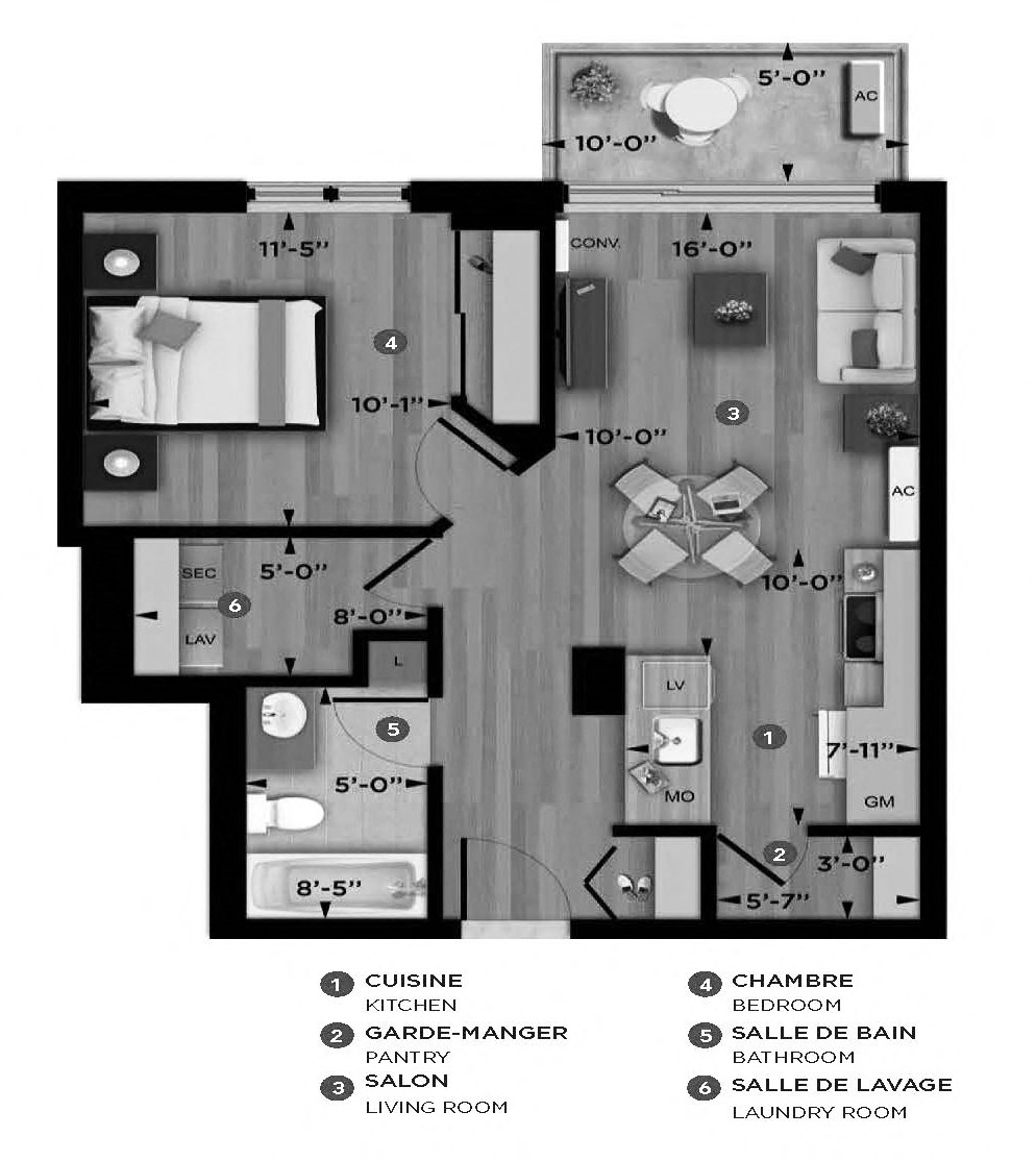 Floor plan for 1 bed, 1 bath, 598 sqft