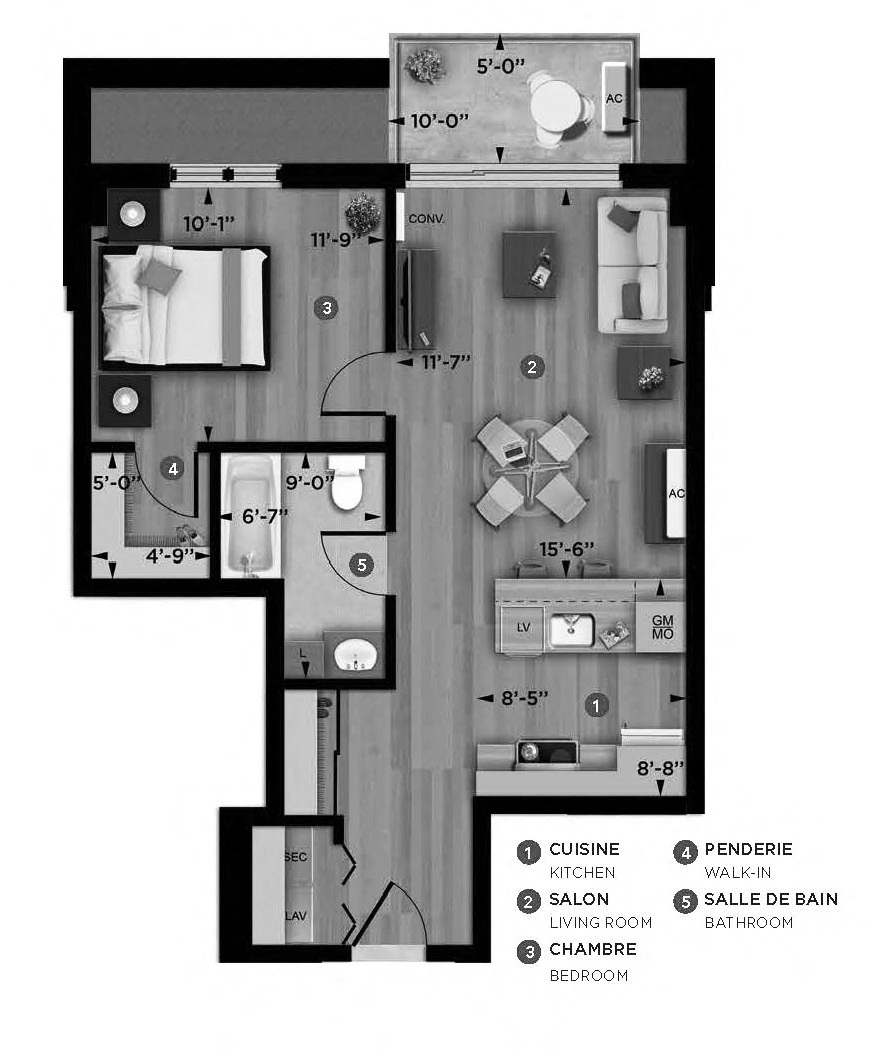 Floor plan for 1 bed, 1 bath, 622 sqft