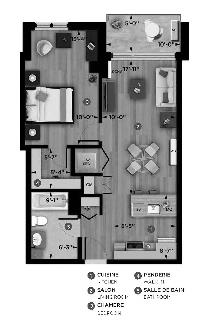 Floor plan for 1 bed, 1 bath, 623 sqft