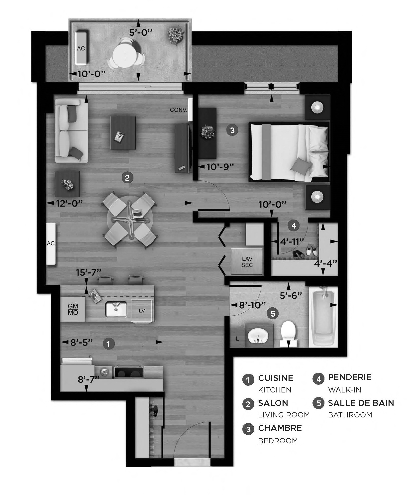 Floor plan for 1 bed, 1 bath, 630 sqft