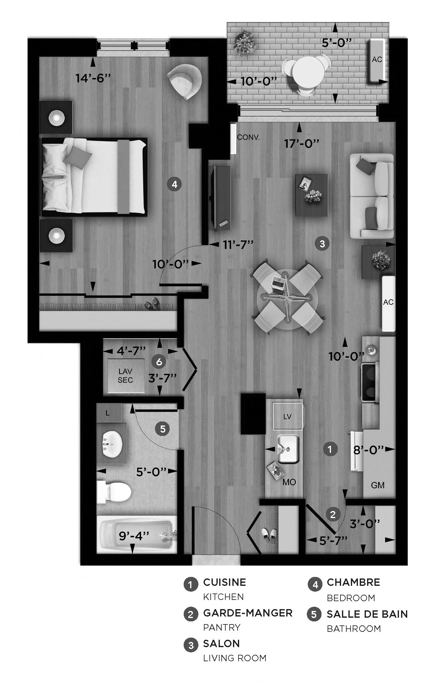 Floor plan for 1 bed, 1 bath, 638 sqft
