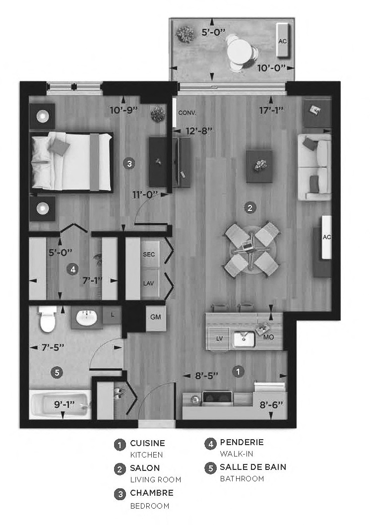 Floor plan for 1 bed, 1 bath, 639 sqft