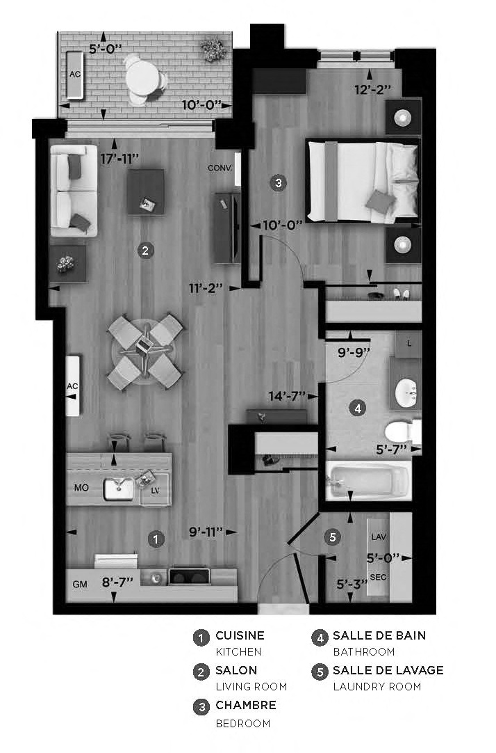 Floor plan for 1 bed, 1 bath, 652 sqft