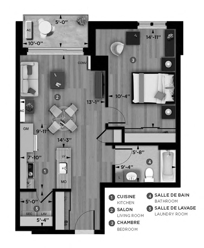 Floor plan for 1 bed, 1 bath, 656 sqft