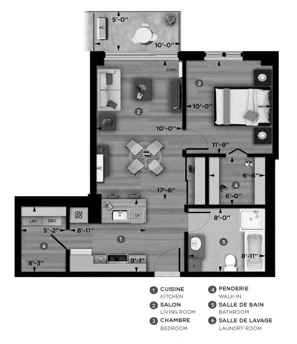 Floor plan for 1 bed, 1 bath, 665 sqft
