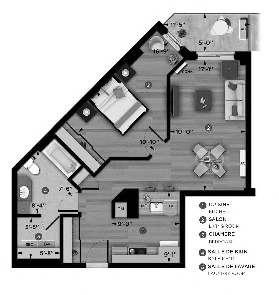 Floor plan for 1 bed, 1 bath, 676 sqft