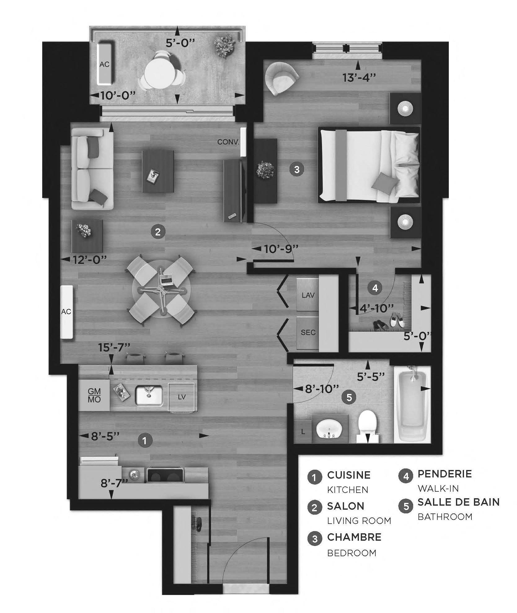 Floor plan for 1 bed, 1 bath, 686 sqft