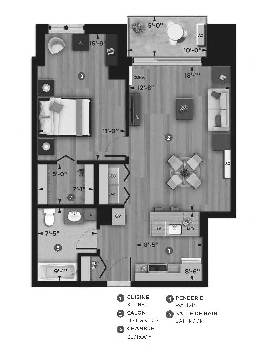 Floor plan for 1 bed, 1 bath, 709 sqft