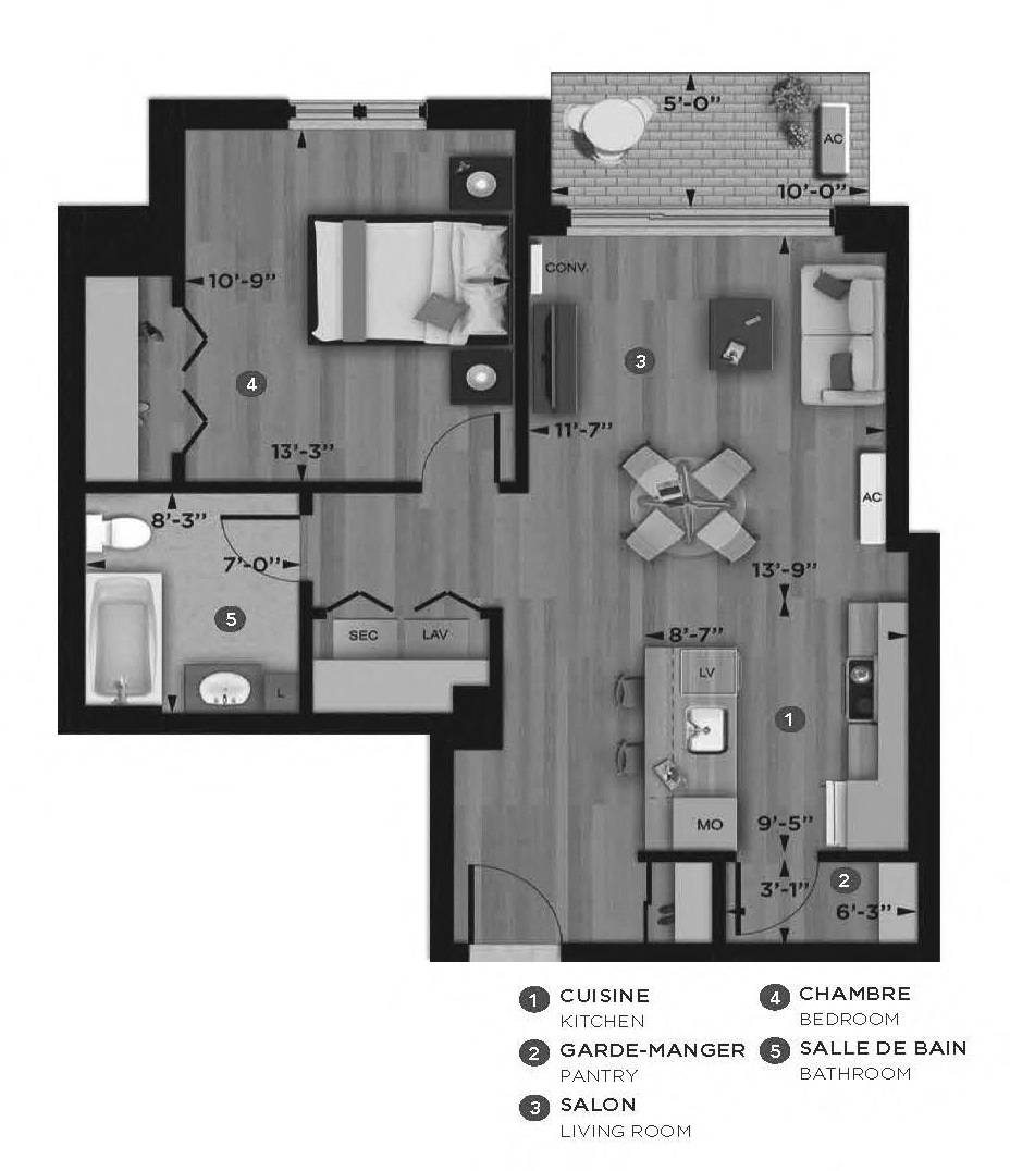 Floor plan for 1 bed, 1 bath, 720 sqft