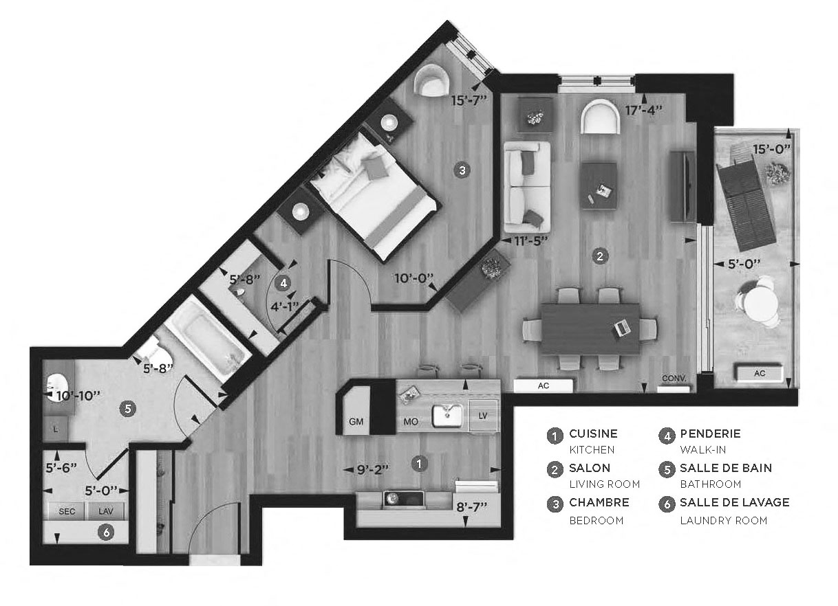 Floor plan for 1 bed, 1 bath, 758 sqft