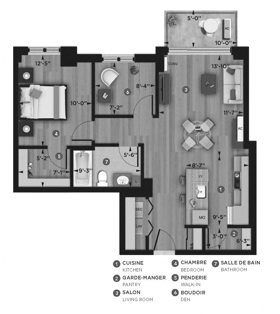 Floor plan for 1 bed, 1 bath, 757 sqft