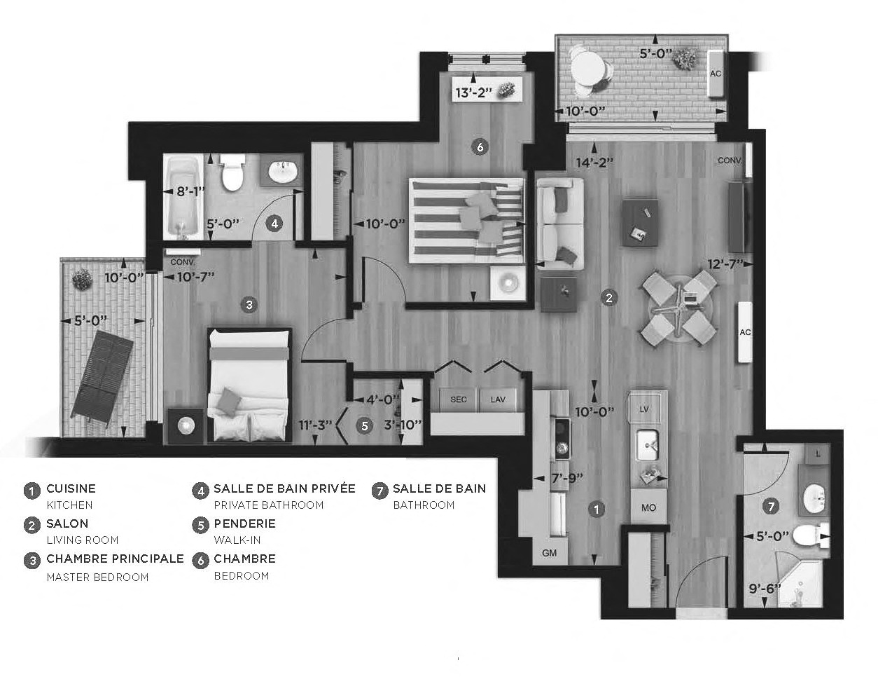 Floor plan for 2 beds, 2 baths, 863 sqft