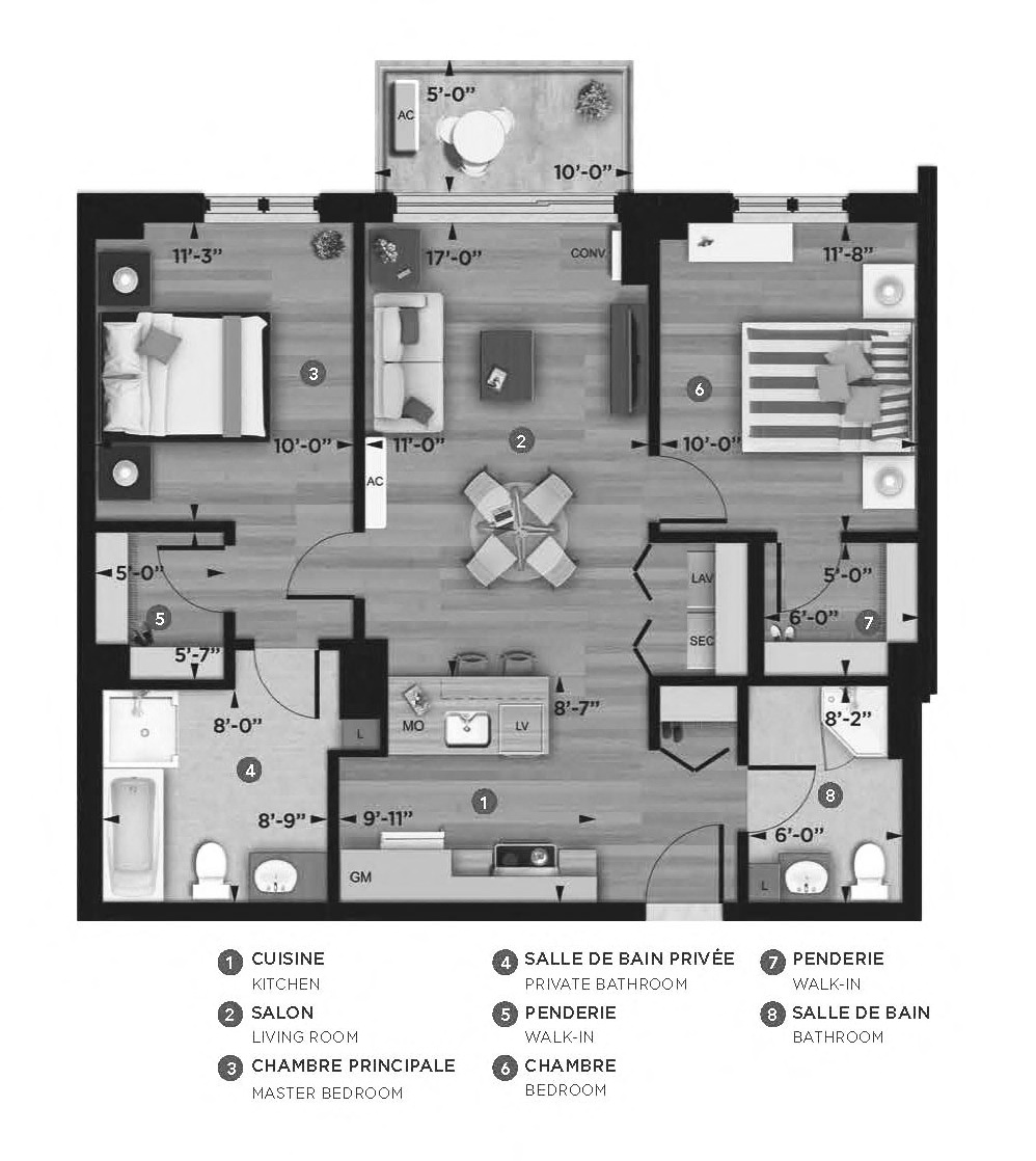 Floor plan for 2 beds, 2 baths, 873 sqft