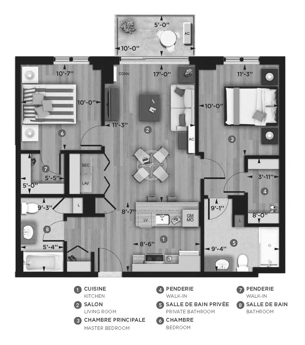 Floor plan for 2 beds, 2 baths, 889 sqft