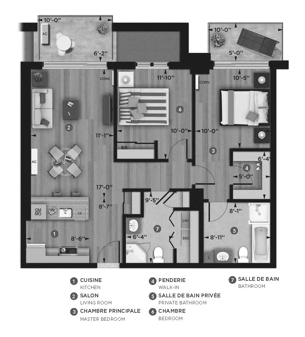 Floor plan for 2 beds, 2 baths, 897 sqft