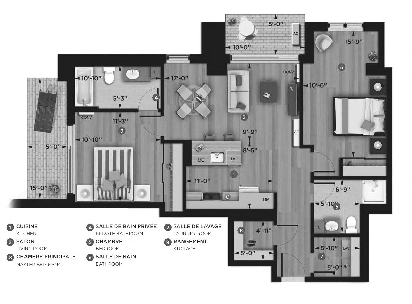 Floor plan for 2 beds, 2 baths, 954 sqft