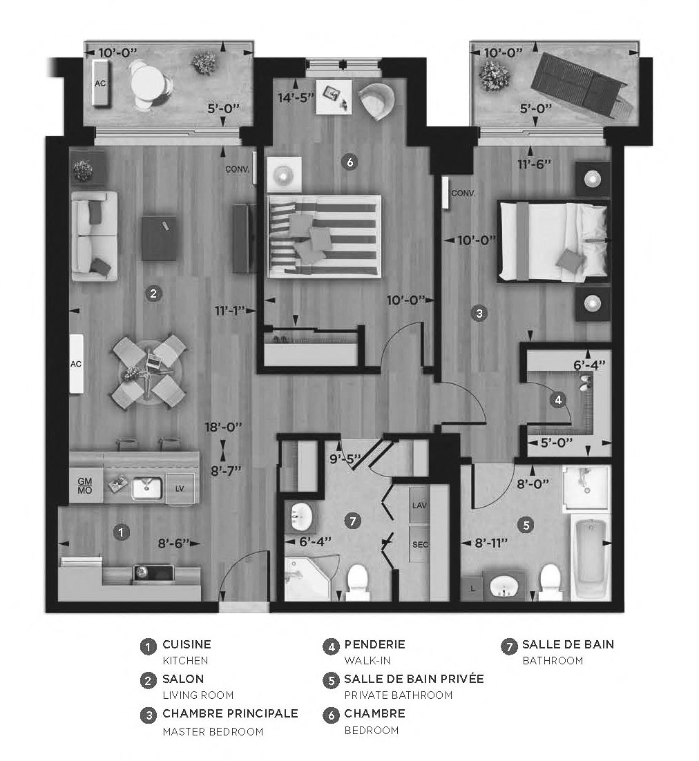 Floor plan for 2 beds, 2 baths, 964 sqft