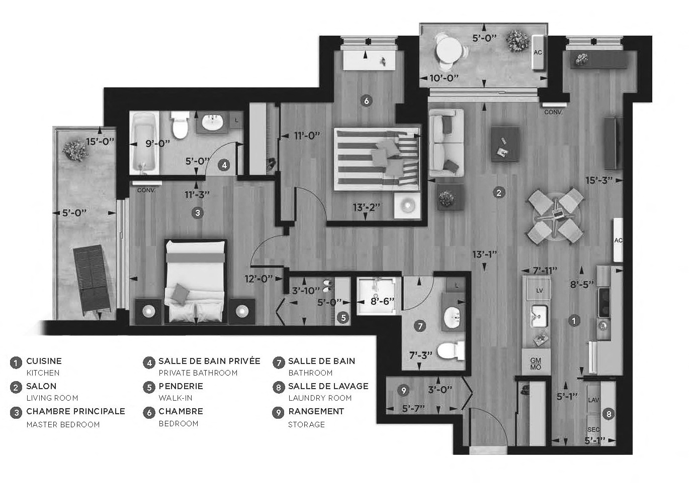 Floor plan for 2 beds, 2 baths, 985 sqft