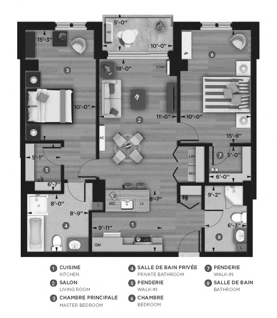 Floor plan for 2 beds, 2 baths, 1001 sqft