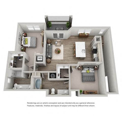 Floor plan for 2 beds, 2 baths, 1280 sqft