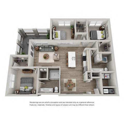 Floor plan for 3 beds, 2 baths, 1353 sqft