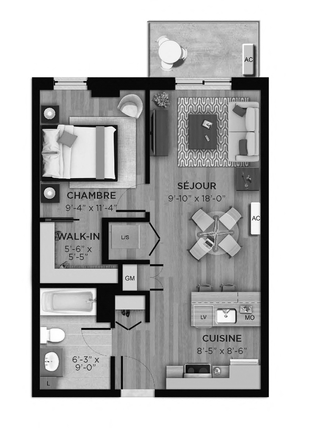 Floor plan for 1 bed, 1 bath, 567 sqft