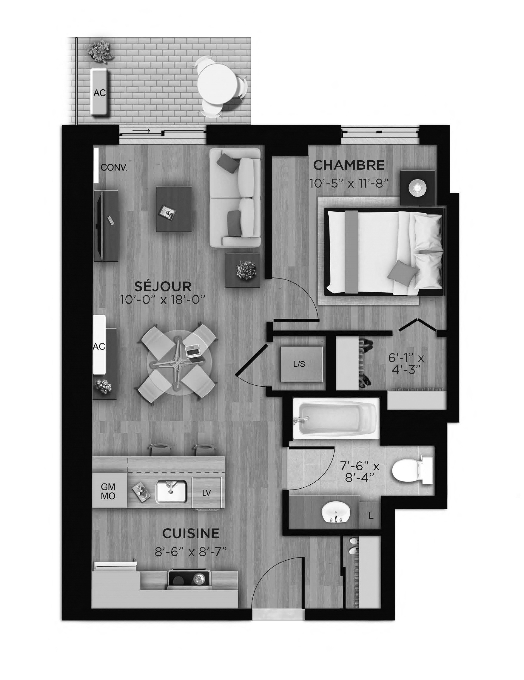 Floor plan for 1 bed, 1 bath, 569 sqft