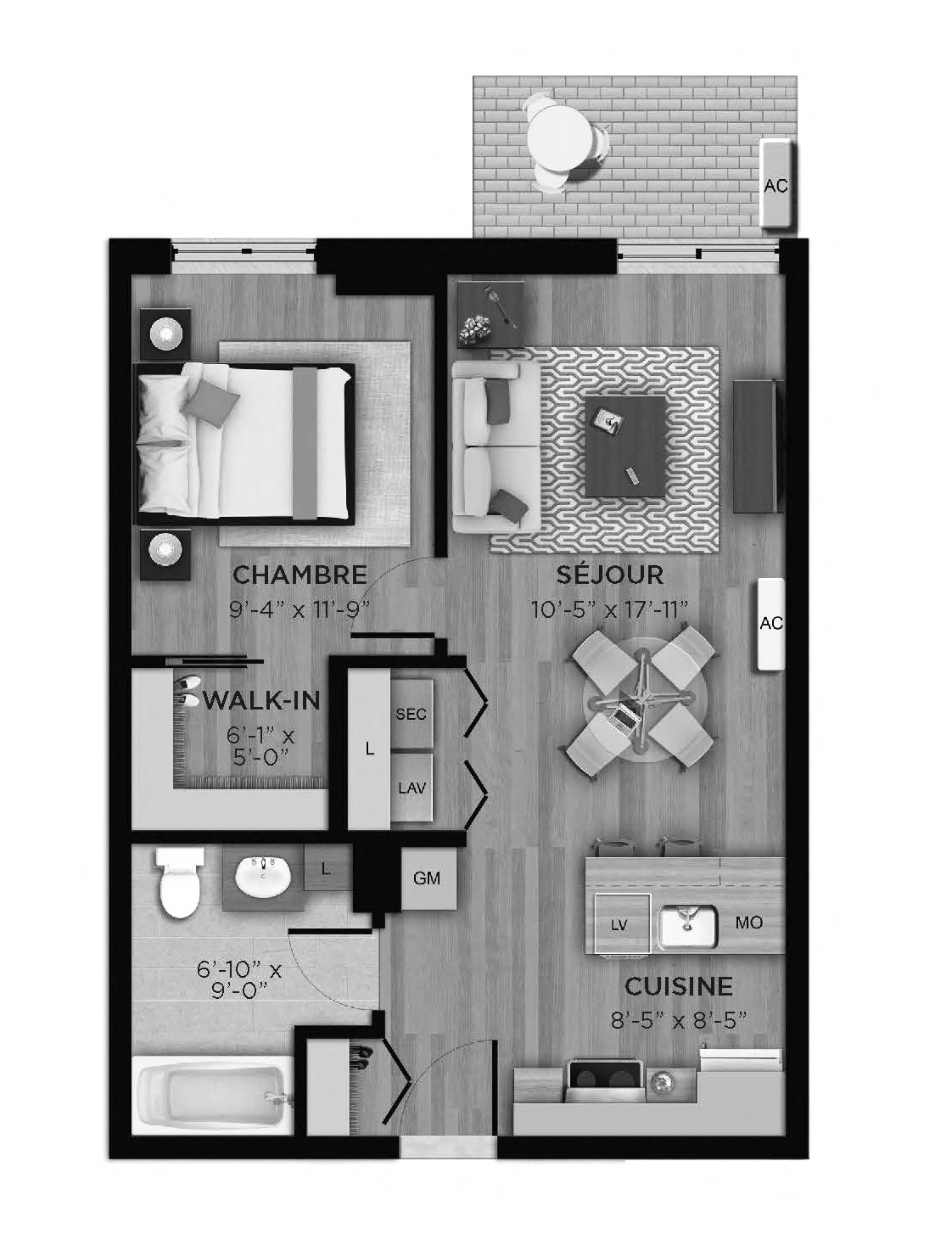 Floor plan for 1 bed, 1 bath, 584 sqft