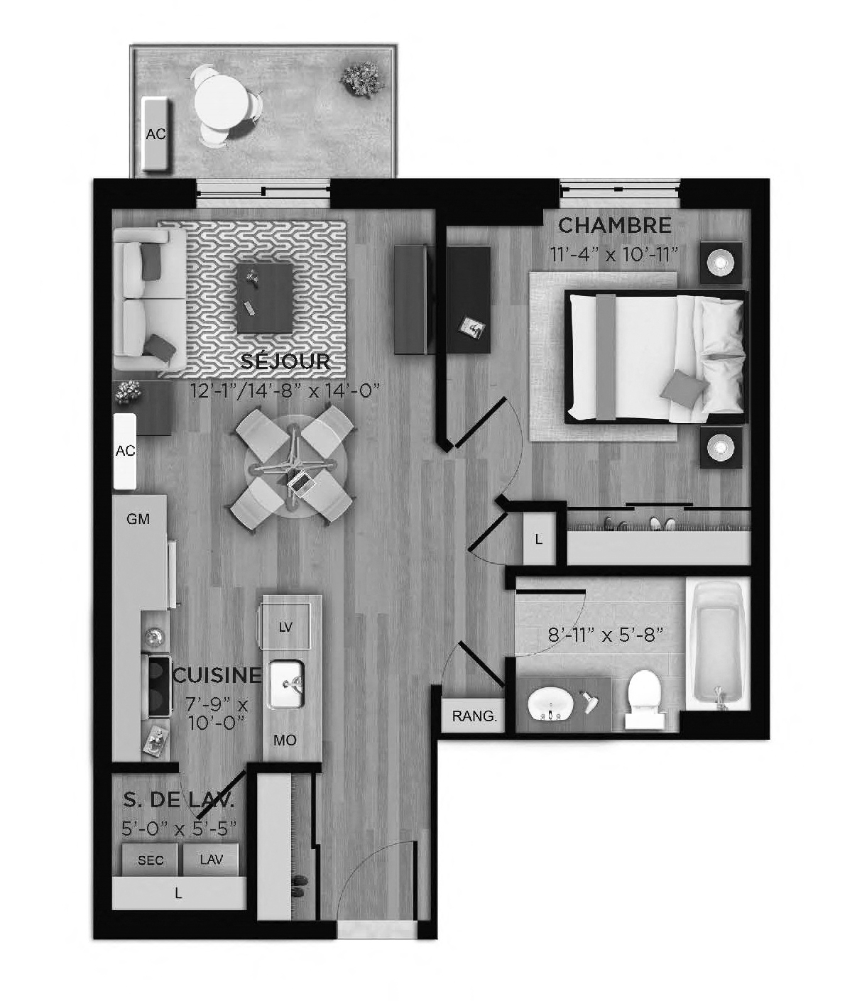 Floor plan for 1 bed, 1 bath, 604 sqft