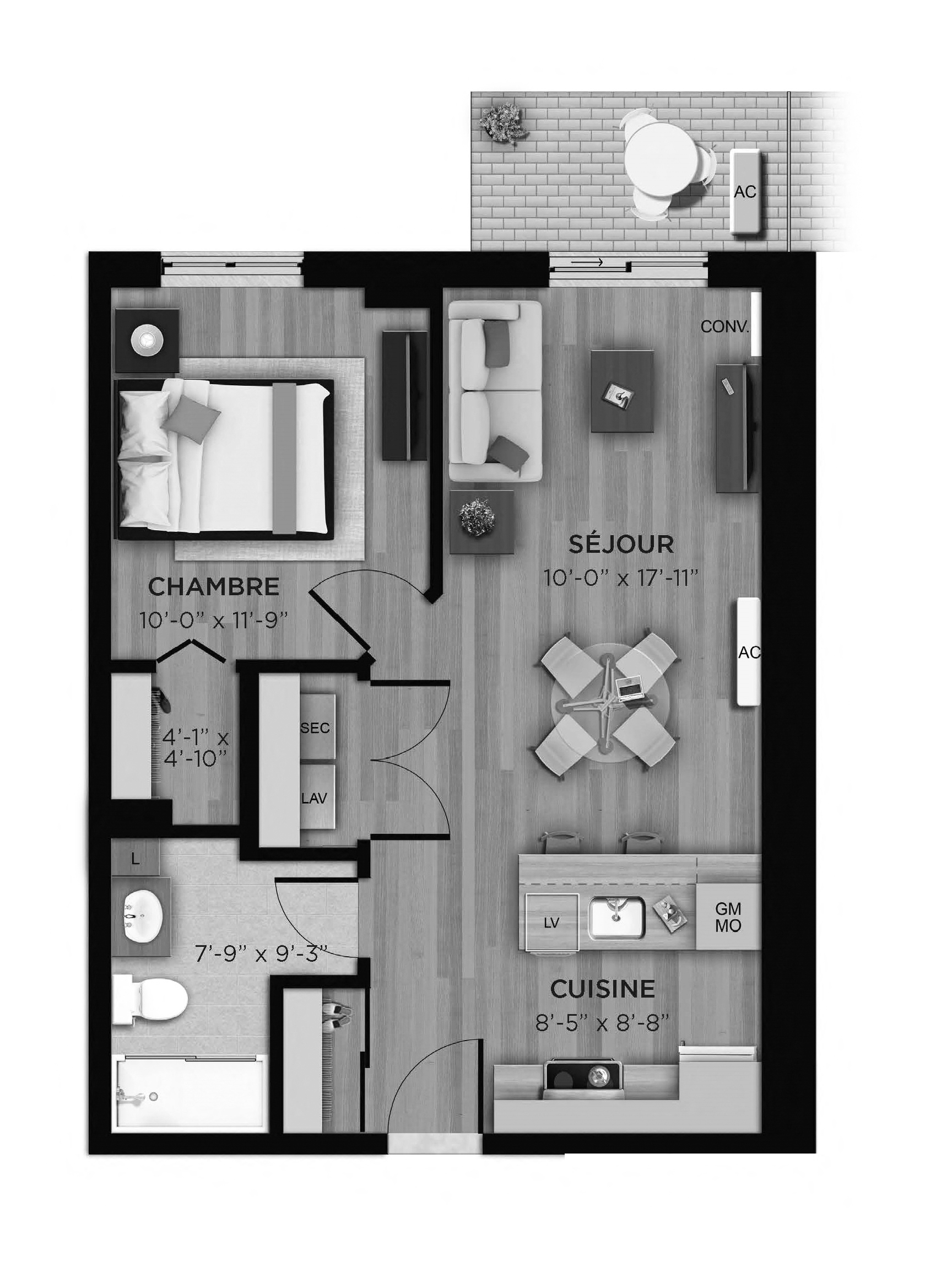 Floor plan for 1 bed, 1 bath, 608 sqft