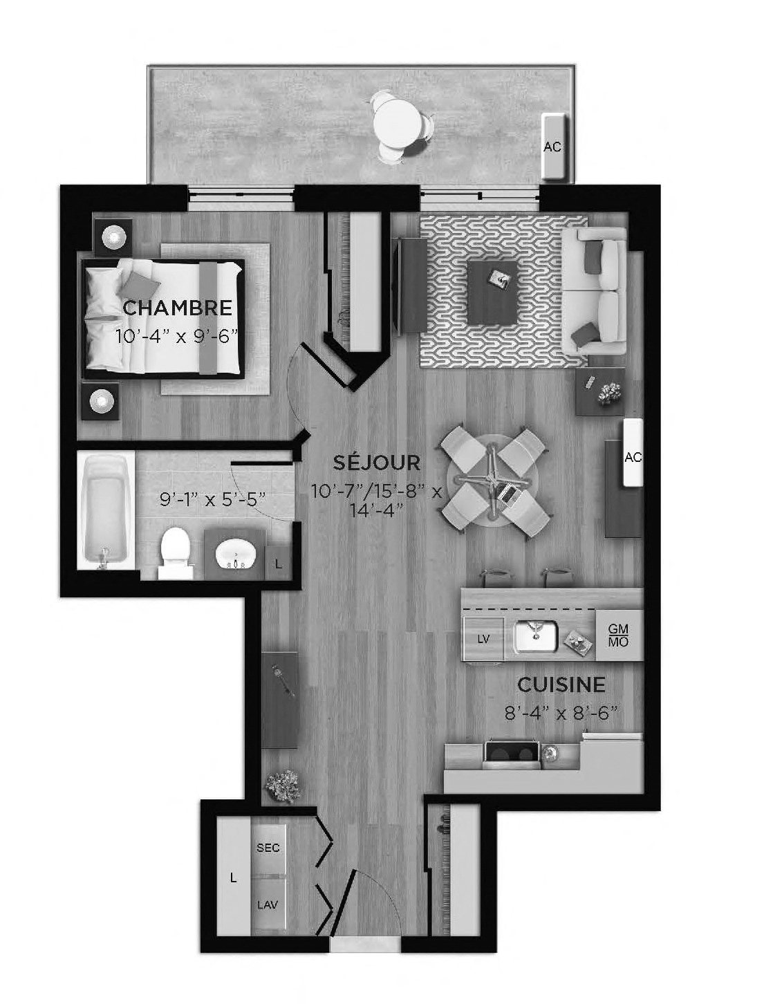 Floor plan for 1 bed, 1 bath, 637 sqft