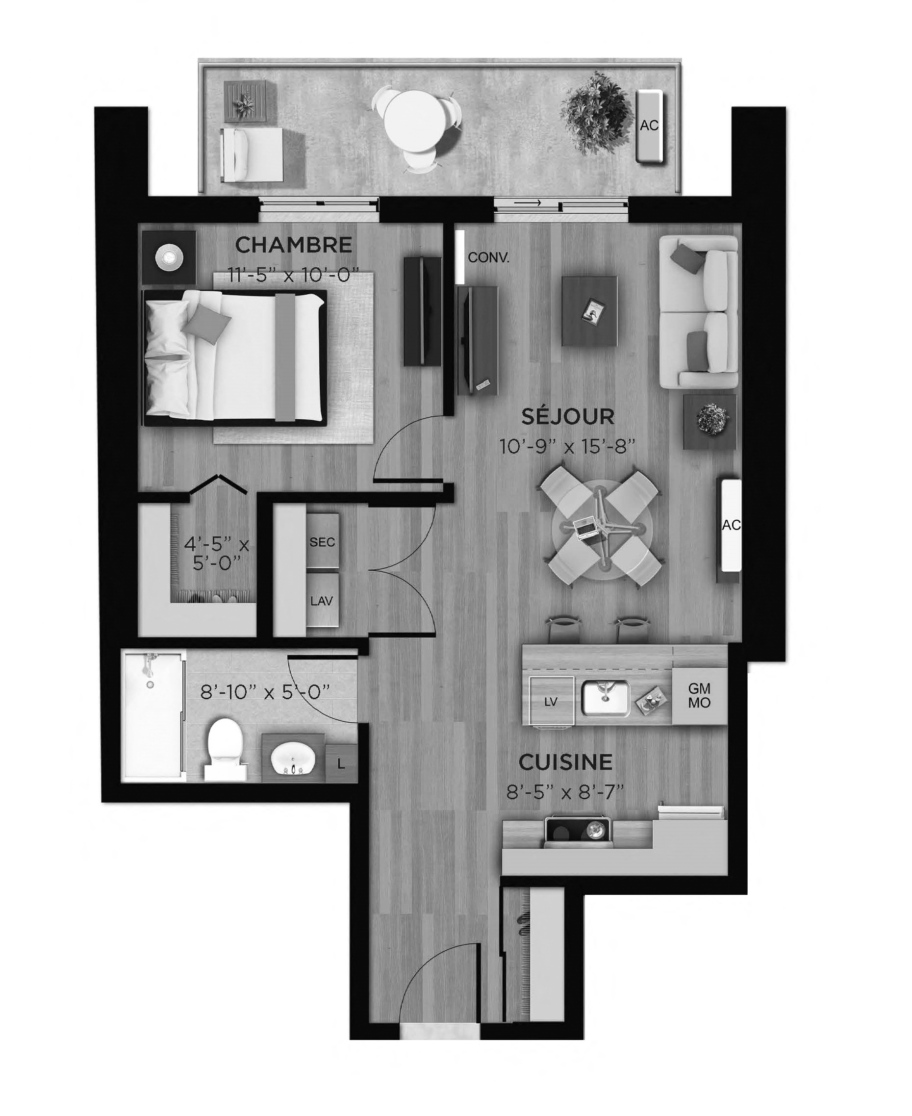 Floor plan for 1 bed, 1 bath, 639 sqft