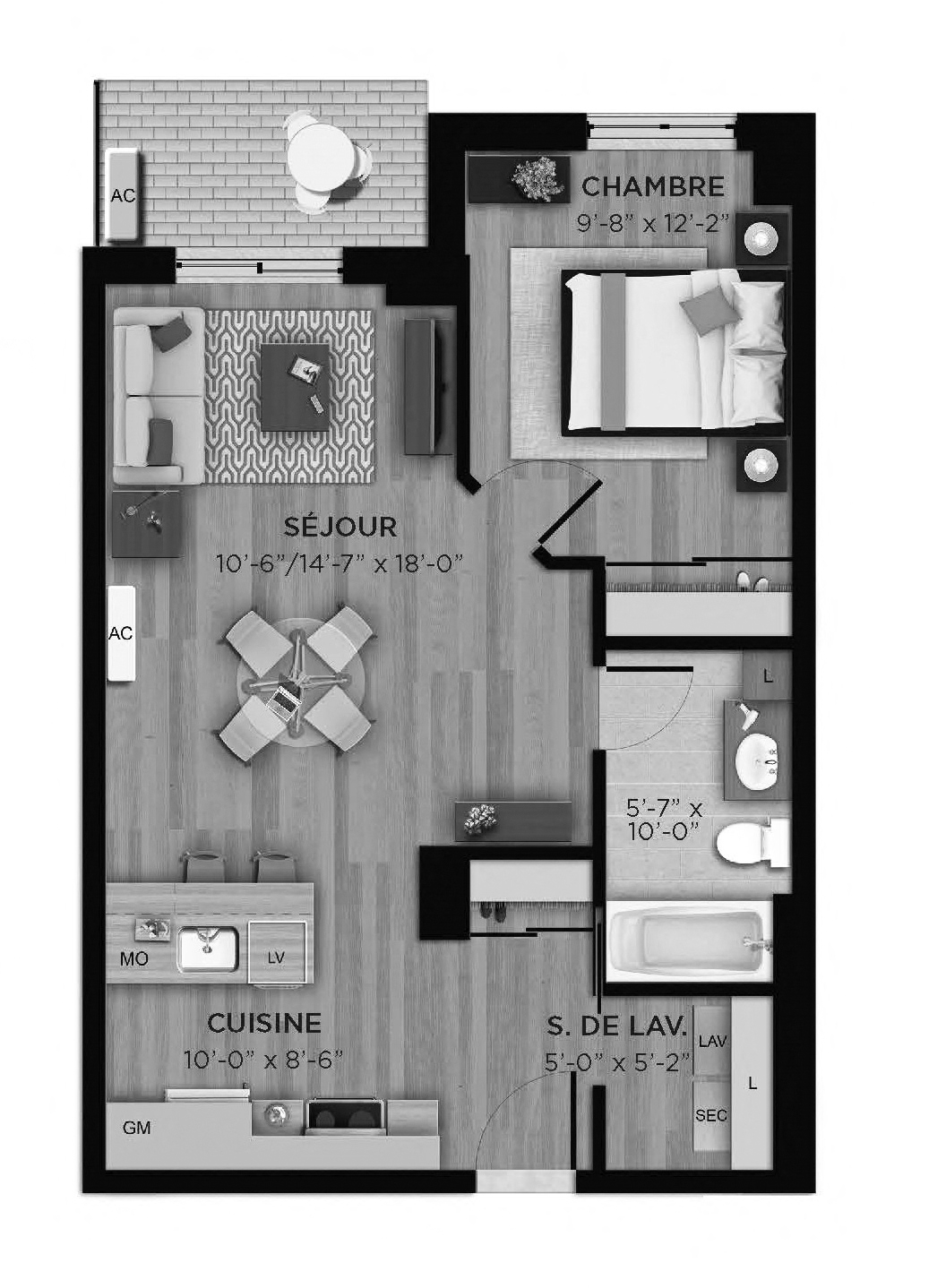 Floor plan for 1 bed, 1 bath, 640 sqft