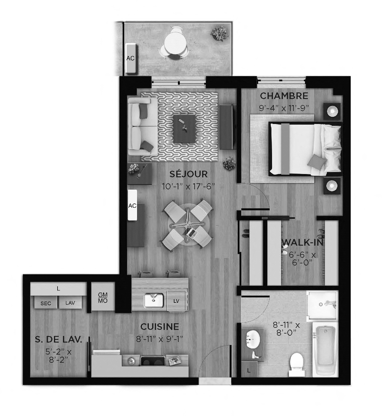 Floor plan for 1 bed, 1 bath, 658 sqft
