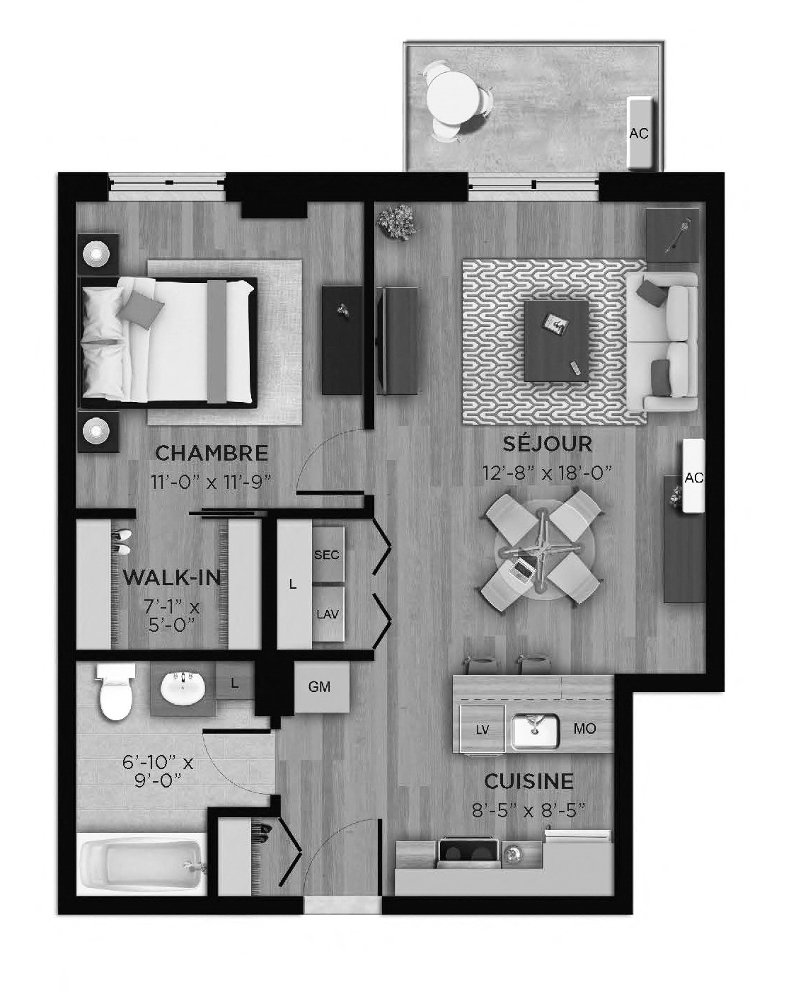 Floor plan for 1 bed, 1 bath, 663 sqft