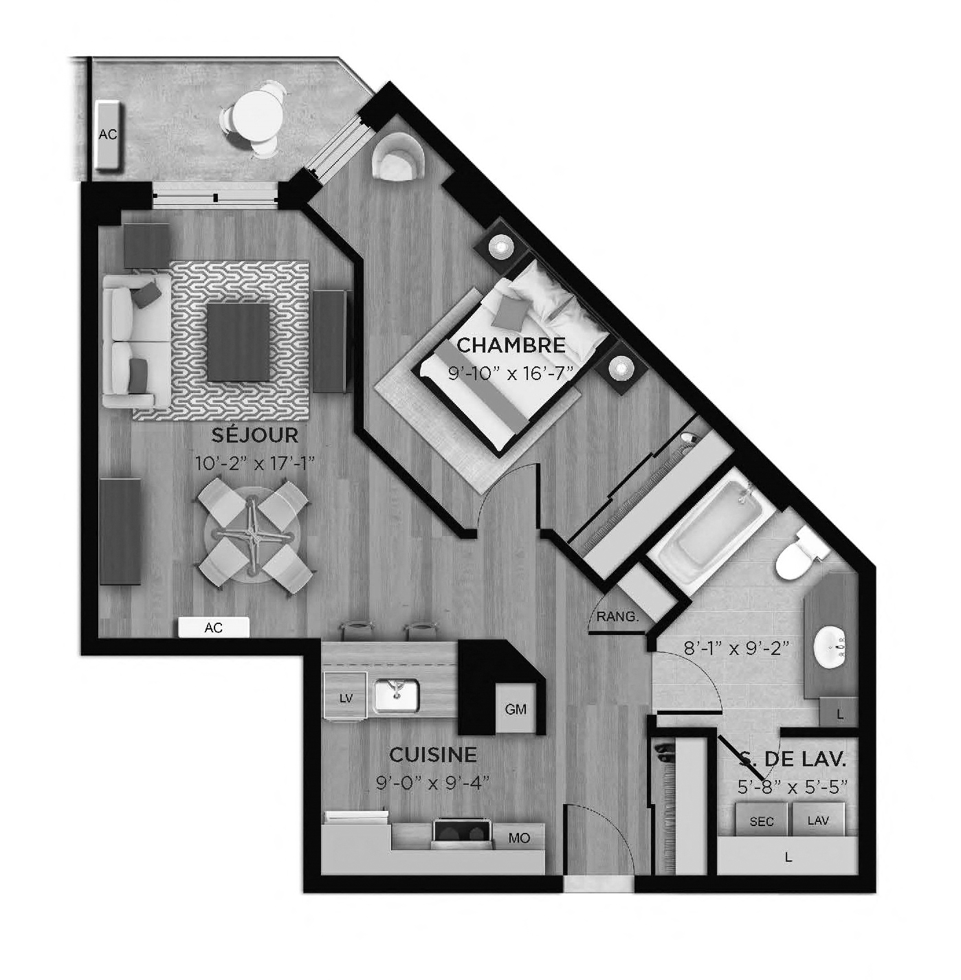 Floor plan for 1 bed, 1 bath, 679 sqft