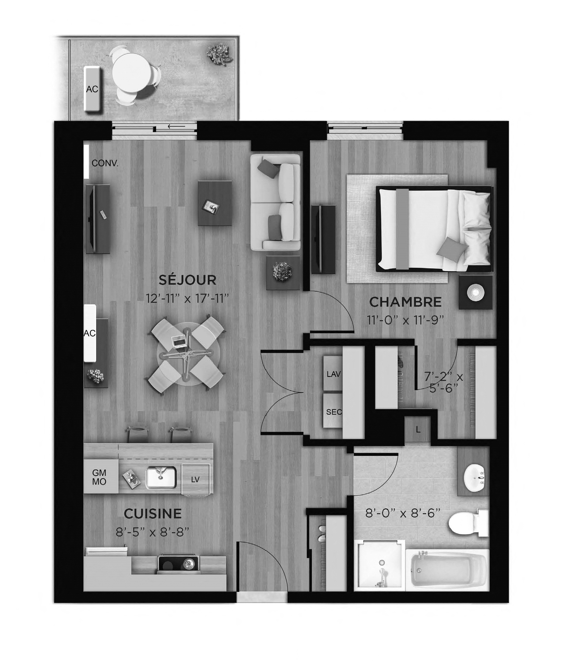 Floor plan for 1 bed, 1 bath, 726 sqft