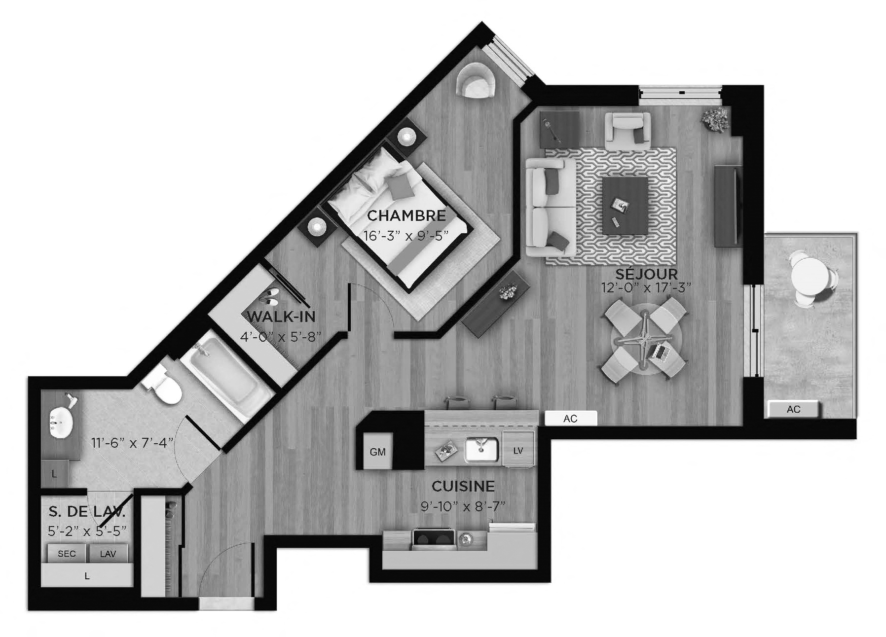 Floor plan for 1 bed, 1 bath, 759 sqft