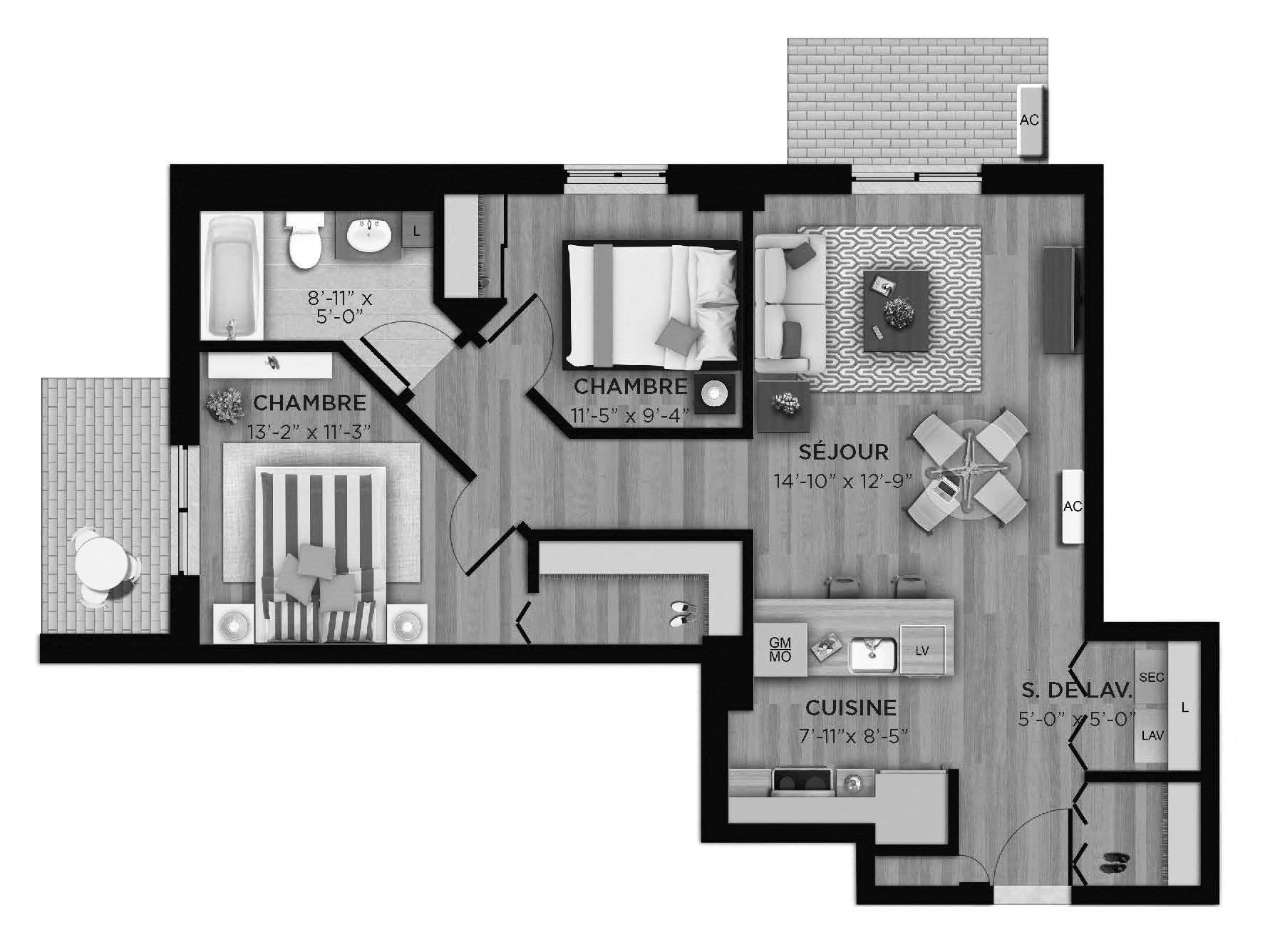 Floor plan for 2 beds, 1 bath, 825 sqft
