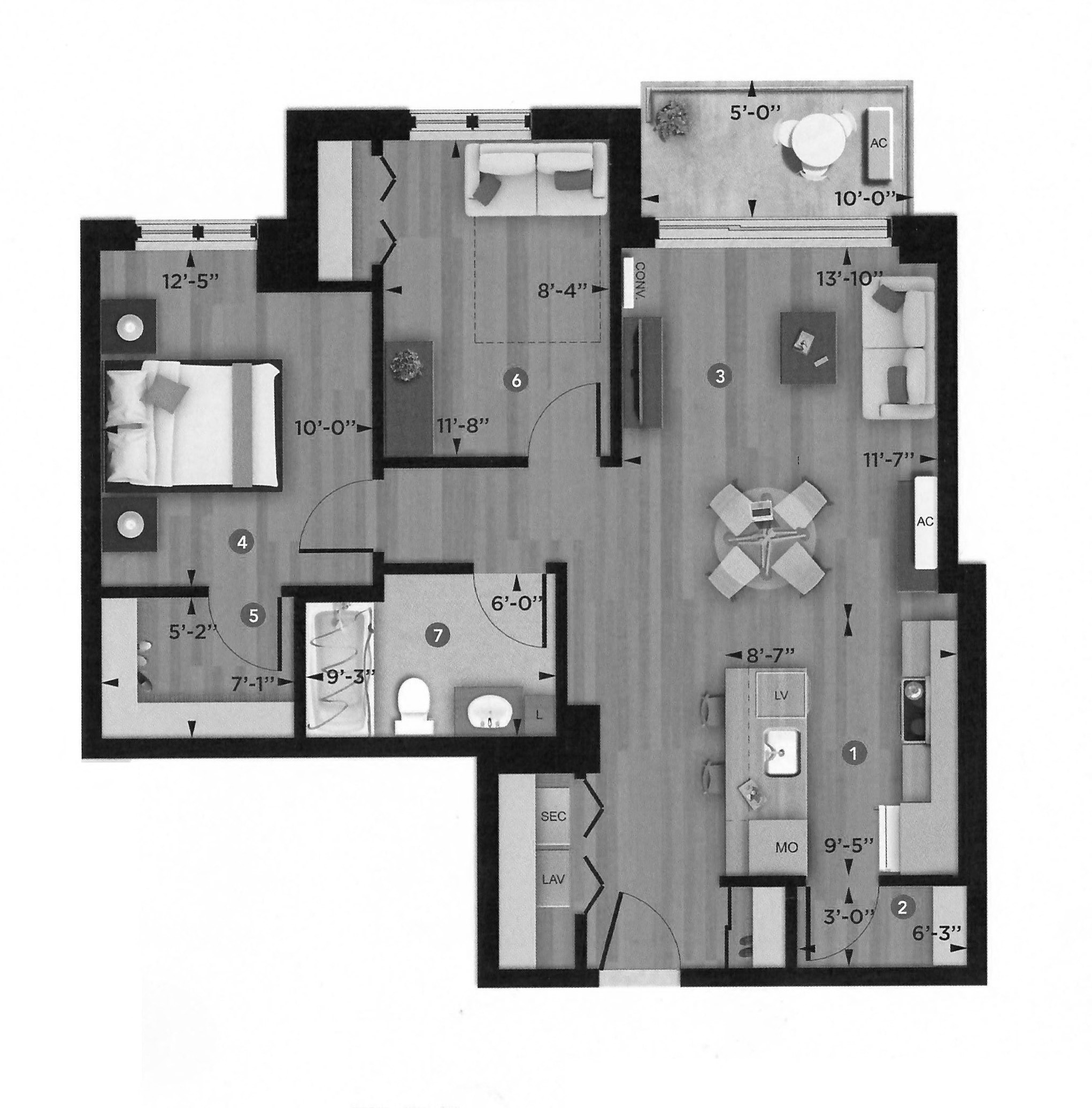 Floor plan for 2 beds, 1 bath, 913 sqft