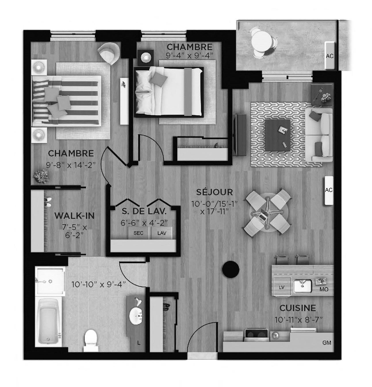 Floor plan for 2 beds, 1 bath, 936 sqft