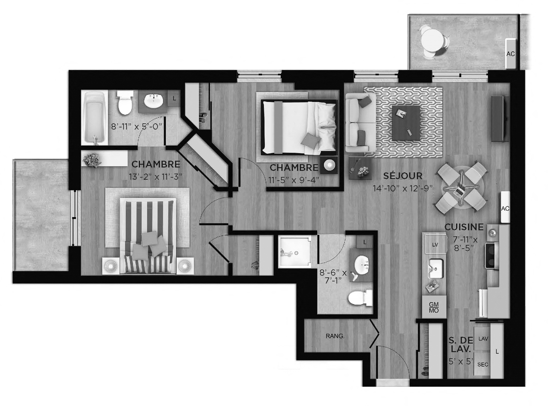 Floor plan for 2 beds, 2 baths, 916 sqft