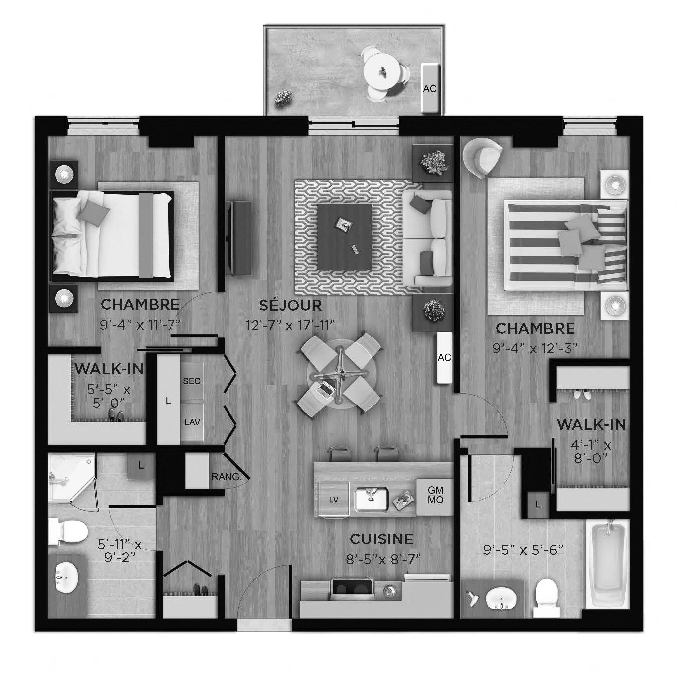 Floor plan for 2 beds, 2 baths, 917 sqft