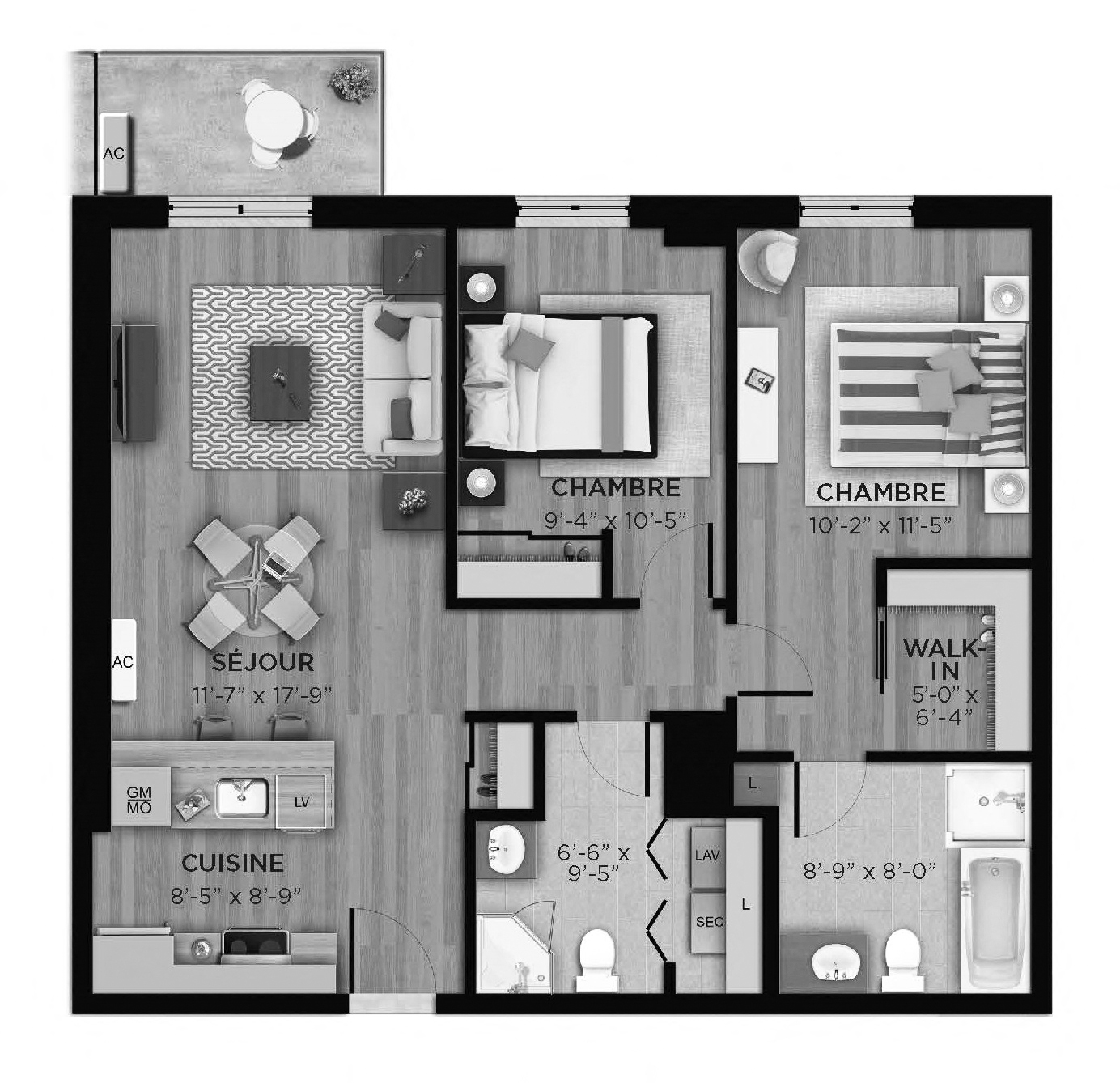 Floor plan for 2 beds, 2 baths, 924 sqft