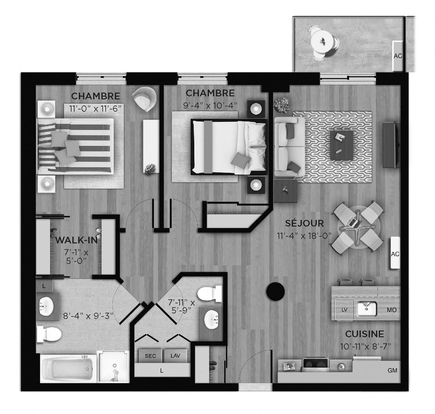 Floor plan for 2 beds, 1.5 baths, 938 sqft