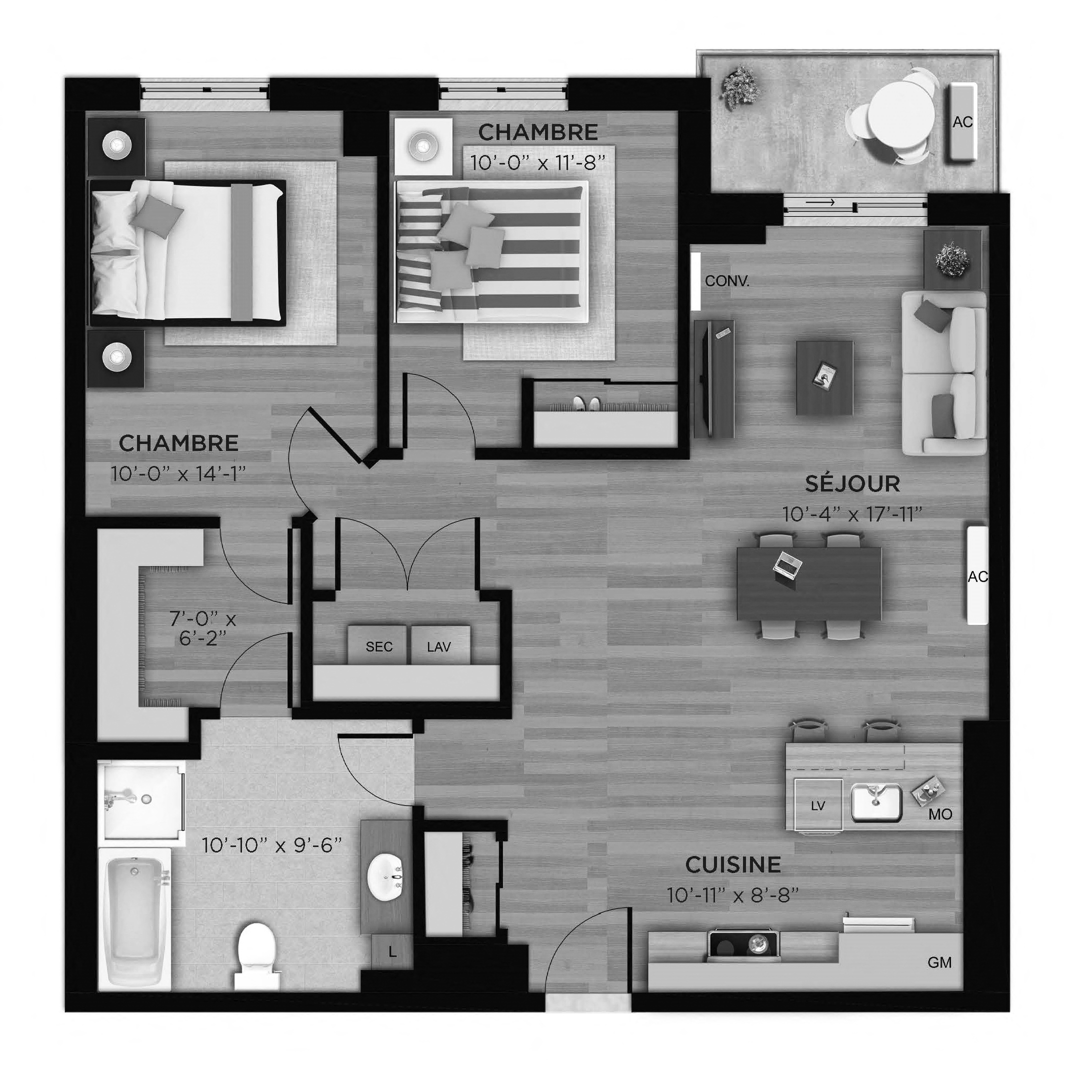 Floor plan for 2 beds, 1 bath, 979 sqft