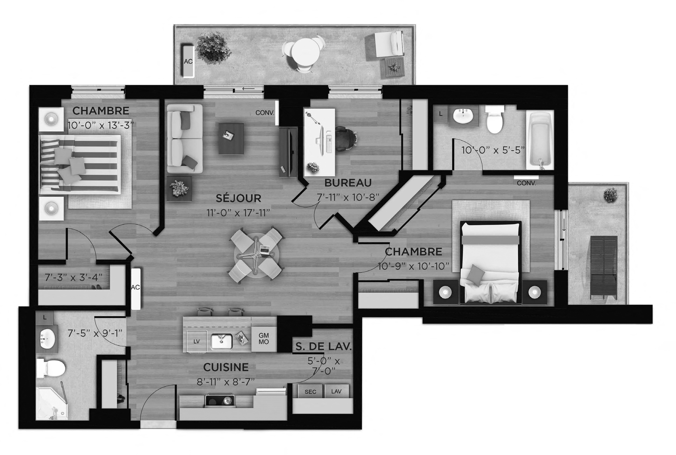 Floor plan for 3 beds, 2 baths, 1073 sqft