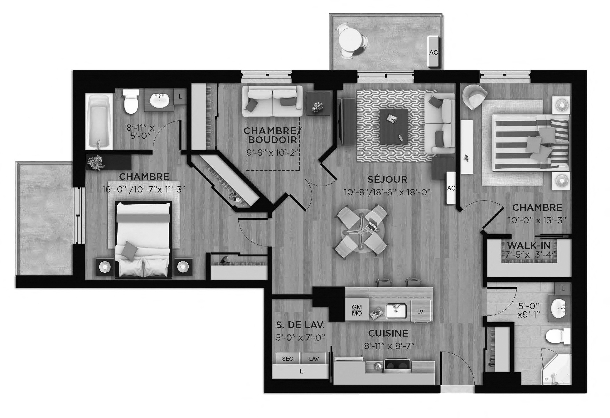 Floor plan for 3 beds, 2 baths, 1087 sqft