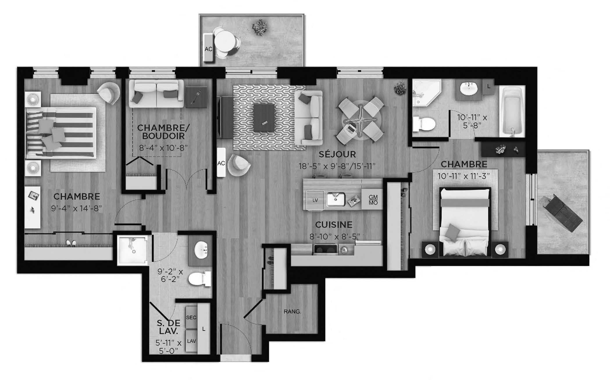 Floor plan for 3 beds, 2 baths, 1096 sqft