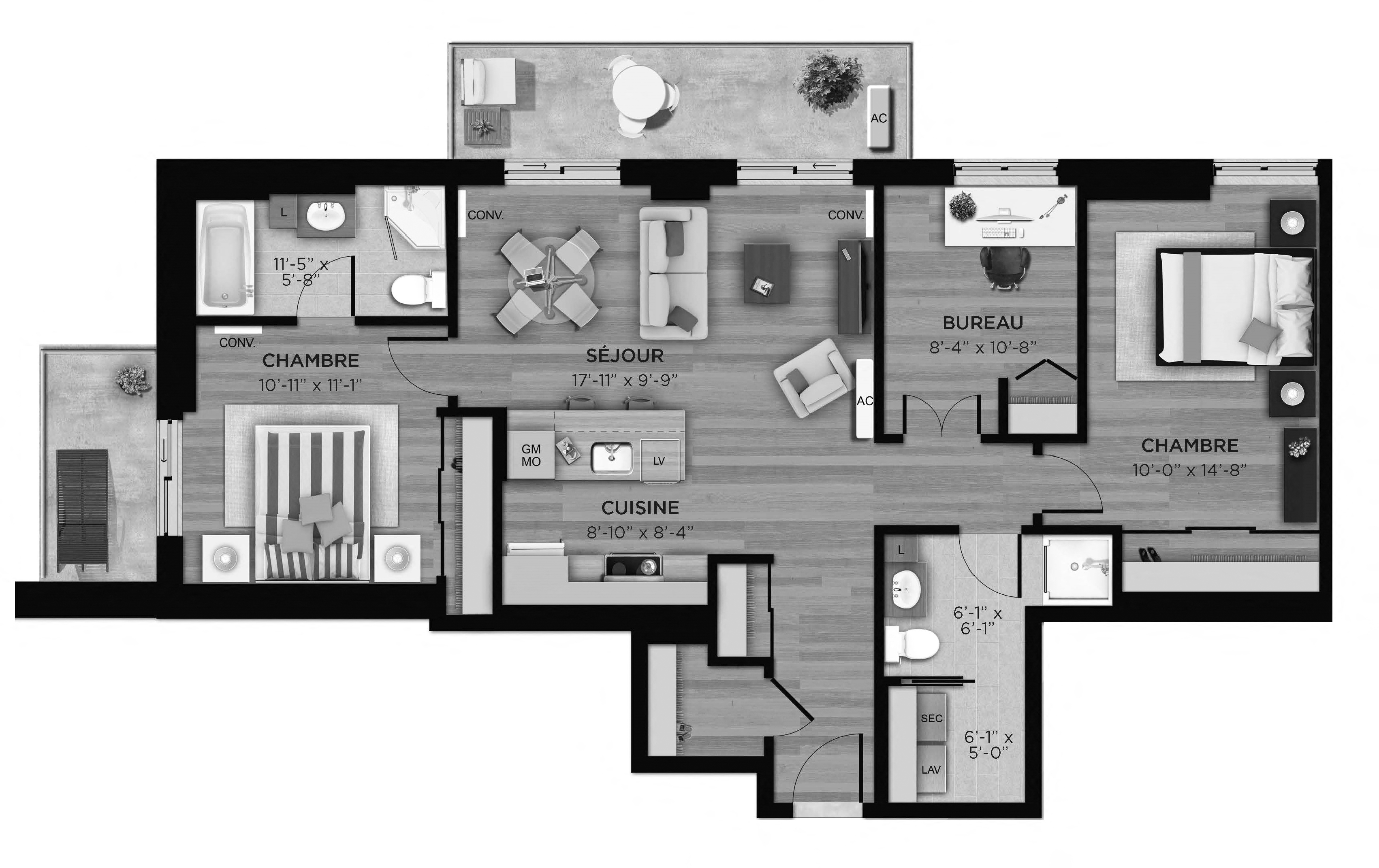 Floor plan for 3 beds, 2 baths, 1110 sqft